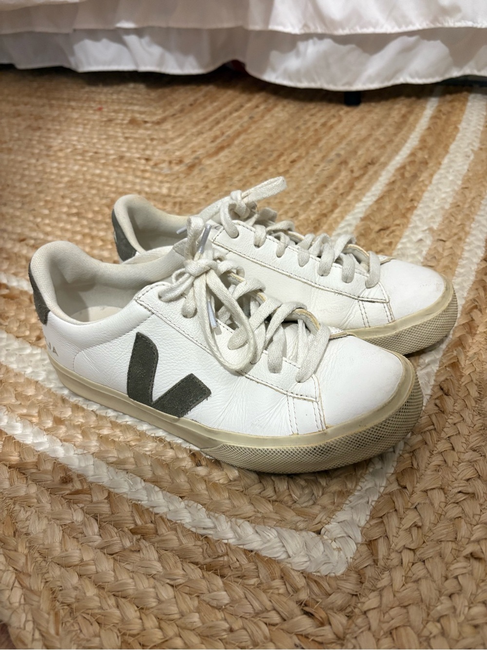 Veja White Leather Sneakers with Olive V Accent